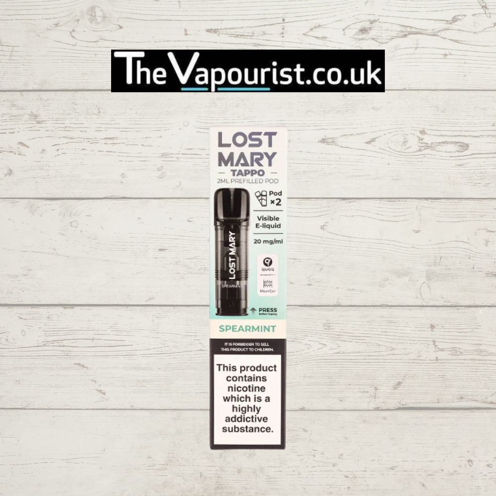 Lost Mary Tappo Pods Spearmint 2ml prefilled vape pods with 20mg/ml nicotine, offering a smooth and cooling mint flavor for a refreshing vape.