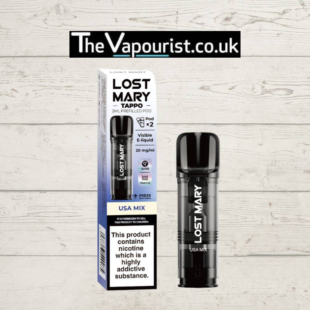 Lost Mary Tappo pods USA Mix with 2ml prefilled pod and 20mg/ml nicotine, offering smooth, classic tobacco flavour for ex-smokers and vape users.