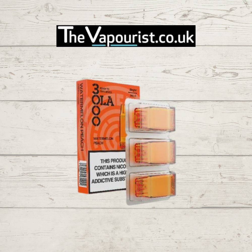 SMPO OLA 3000 Pods Watermelon Peach flavor, designed for Vaporesso XROS Kits, featuring three prefilled pods in orange-themed packaging.