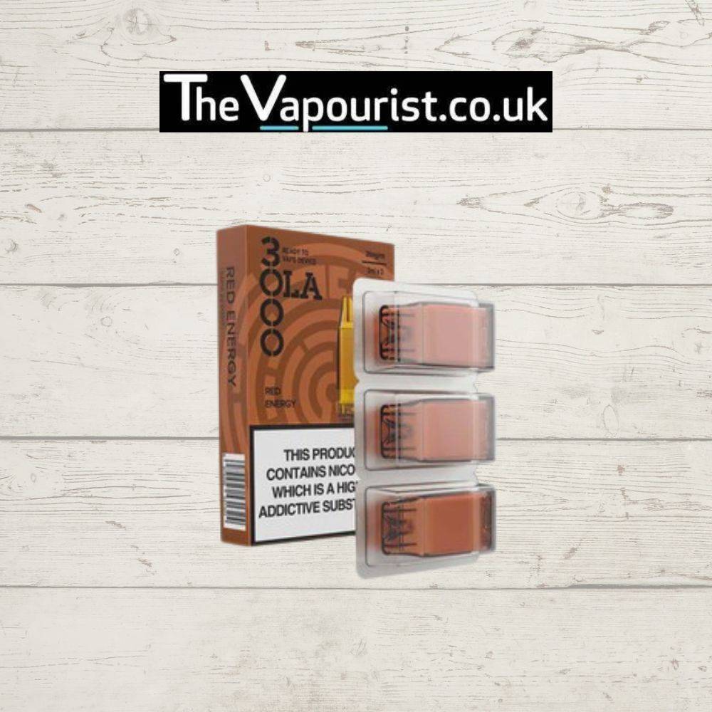 SMPO OLA 3000 Pods Red Energy flavor, designed for Vaporesso XROS Kits, featuring three red-orange prefilled pods in branded box.