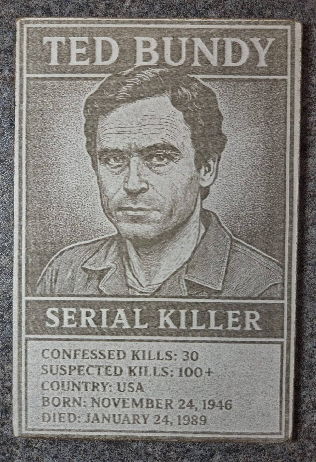 Degen Design Serial Killer Collector Card #2 Ted Bundy featuring engraved portrait, kill statistics, and biographical details in a dark art style.