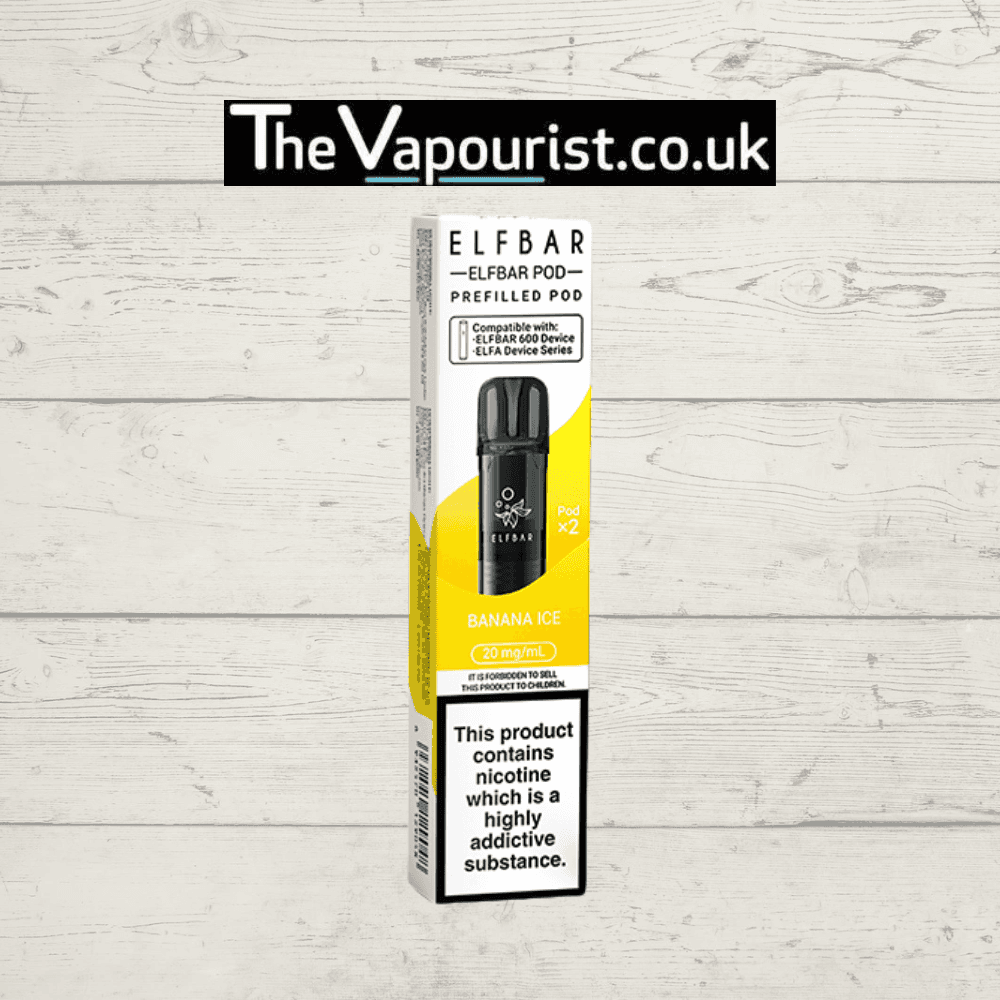 ELFBAR Banana Ice Pods 2-pack with 20mg nicotine strength, compatible with ELFA and Lost Mary vape devices. Smooth banana menthol flavor e-liquid.