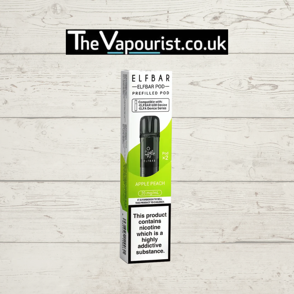 ELFBAR Pods - Apple Peach Vape 2ml 20mg Nic Salts twin pack with crisp apple and sweet peach flavor, compatible with ELFA device series.