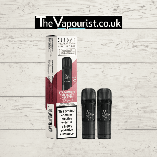 ELFBAR Pods - Strawberry Raspberry Ice 2ml 20mg Nic Salt twin pack with ELFA compatibility, displayed with sleek black prefilled pods and branded box.