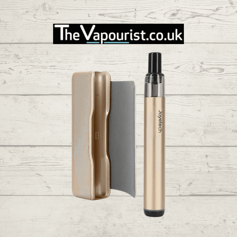 Joyetech eRoll Slim Full Kit in gold with pen-style vape and USB-C charging case, ideal for discreet MTL vaping. Sleek design for portability and style.