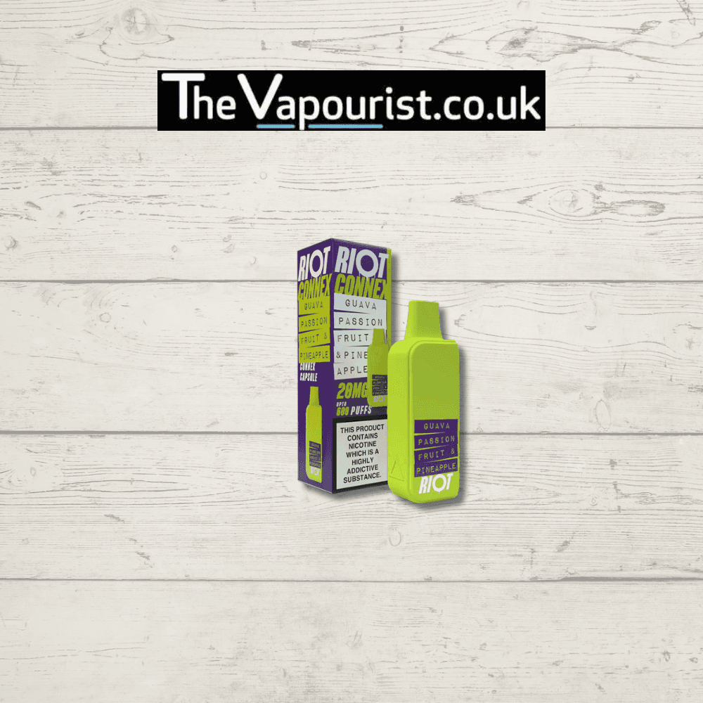 Riot Connex Pod - Guava Passionfruit Pineapple Vape with 600 puffs shown with packaging. Tropical flavor disposable e-cigarette for vaping.
