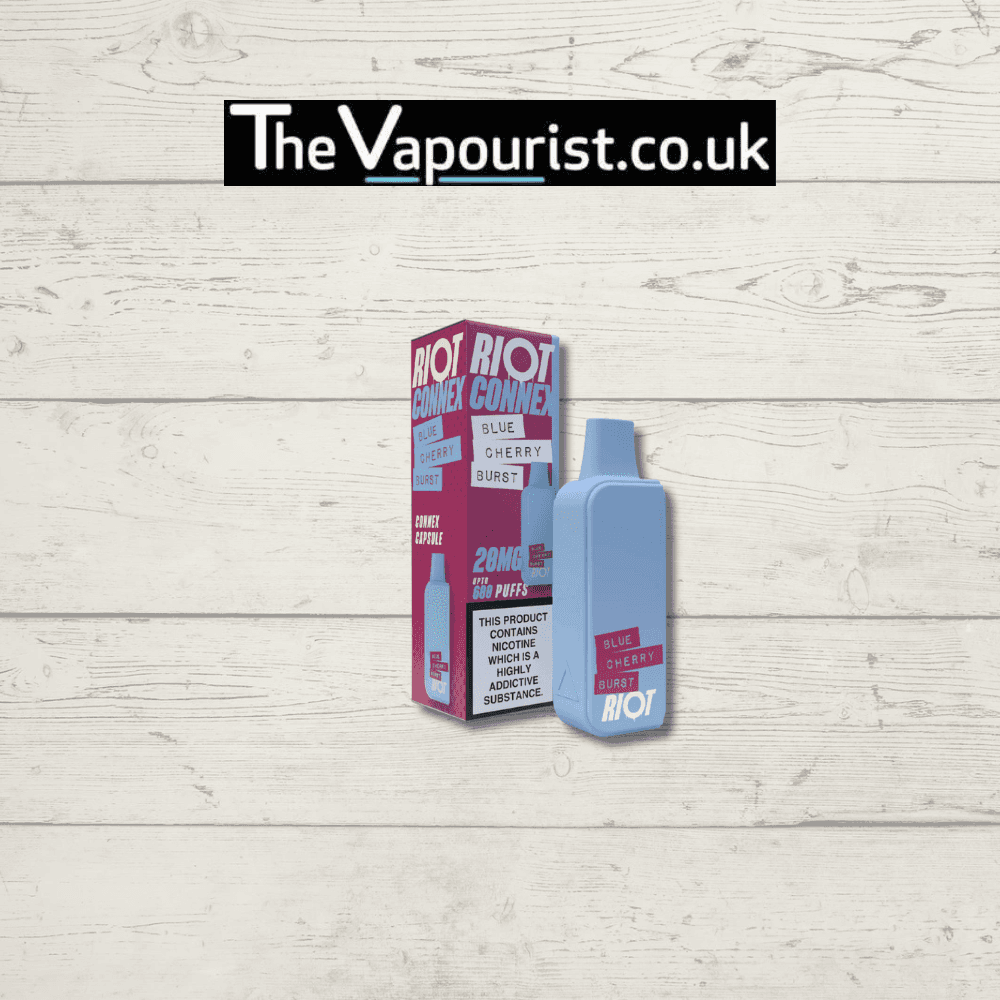 Riot Connex Pod - Blue Cherry Burst Vape with 600 puffs and 20mg nic salt, shown with branded packaging on a wooden background.
