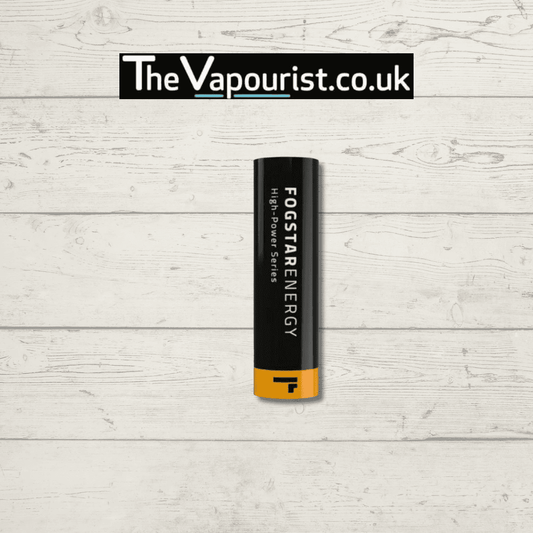 Fogstar 18650 Battery - High Power Series with black and orange casing, ideal for vapes and tools. Long-lasting, safe, and high discharge rate.