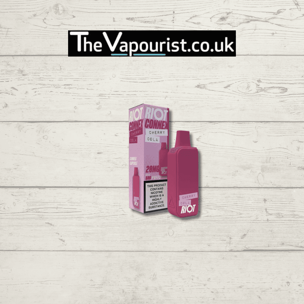 Riot Connex Cherry Cola Pod-600 Puffs with 20mg nic salt, shown in pink packaging beside the matching vape device. Ideal for quick nicotine relief.