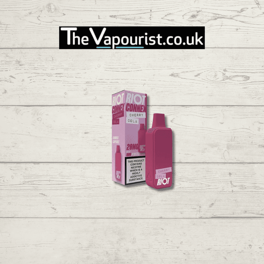Riot Connex Cherry Cola Pod-600 Puffs with 20mg nic salt, shown in pink packaging beside the matching vape device. Ideal for quick nicotine relief.