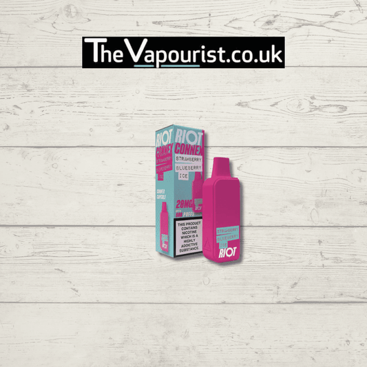 Riot Connex Prefilled Pod Strawberry Blueberry Ice with 20mg nic salt, shown with packaging. Offers up to 600 puffs and leak-free vaping.