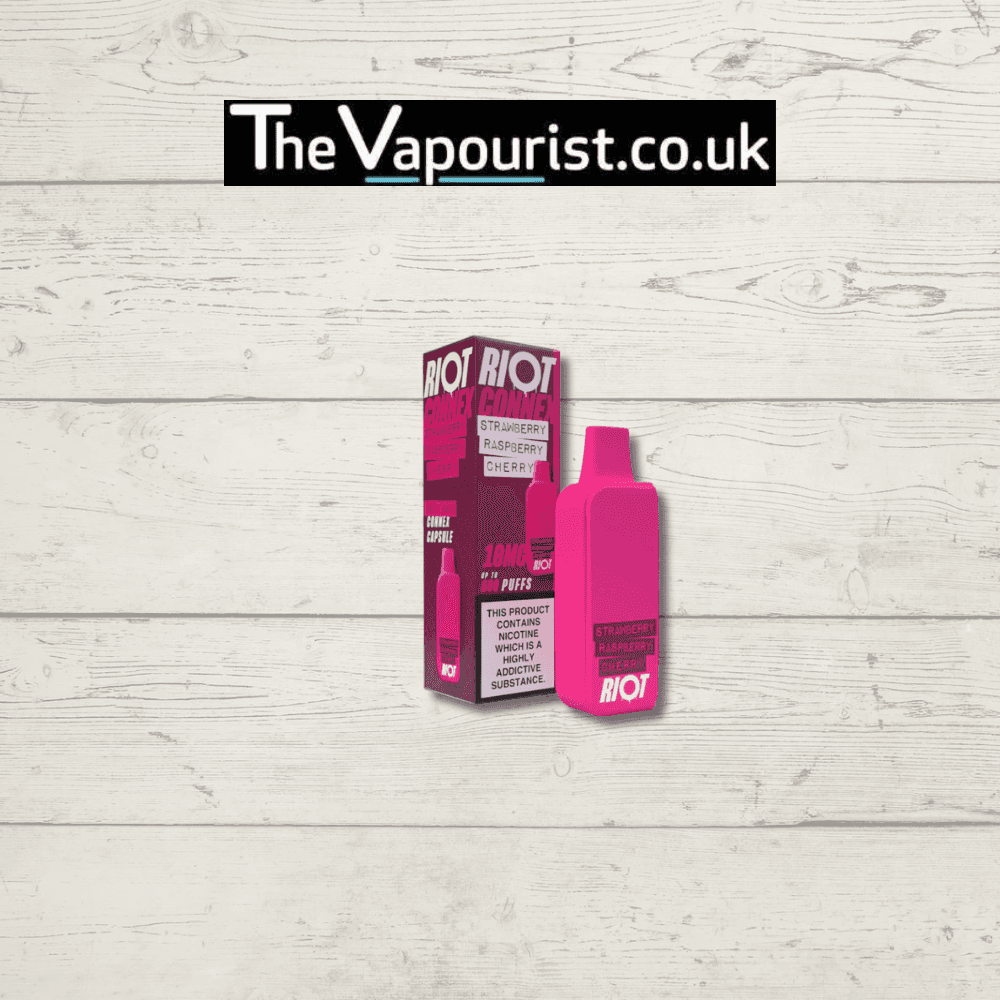 Riot Connex Berry Pod 20mg in Strawberry Raspberry Cherry flavor with 600 puffs, displayed with branded packaging on wood background.