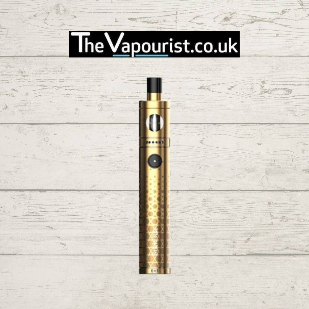 Gold SMOK Stick R22 Kit featuring a built-in 2000mAh battery, shown upright against a white wood backdrop. Stylish and powerful vape device.