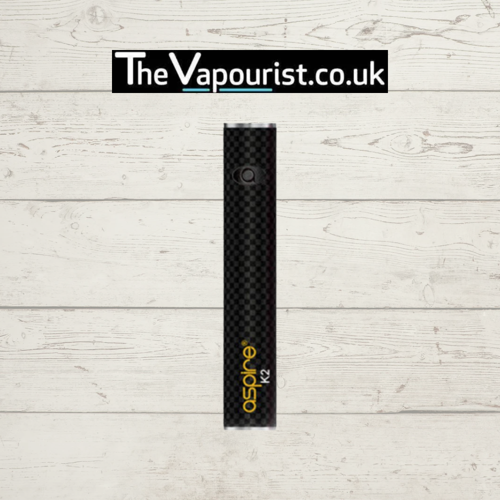 Black Aspire K2 Battery featuring 800mAh power and fixed 5V output, compatible with 510 tanks for consistent MTL vaping performance.
