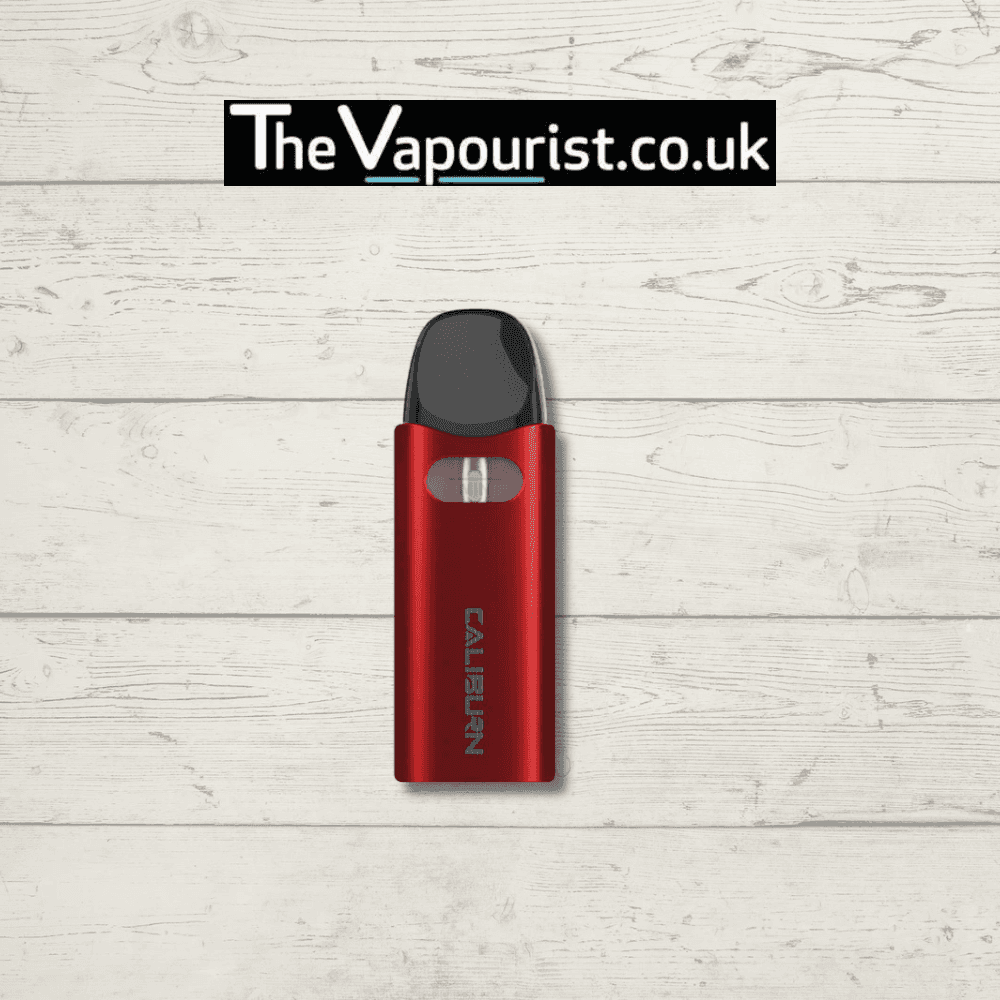 Uwell Caliburn AZ3 Pod Kit in red with sleek compact design and 750mAh battery, ideal for flavor-focused vaping. Features USB-C fast charging.
