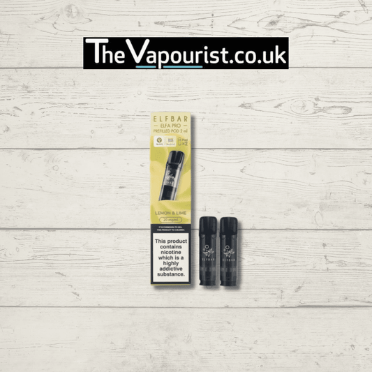 ELFA Pro Prefilled Pods - Lemon Lime Vape by ELFBAR with 600 puffs and nic salt, shown with packaging and two black pods on wood background.