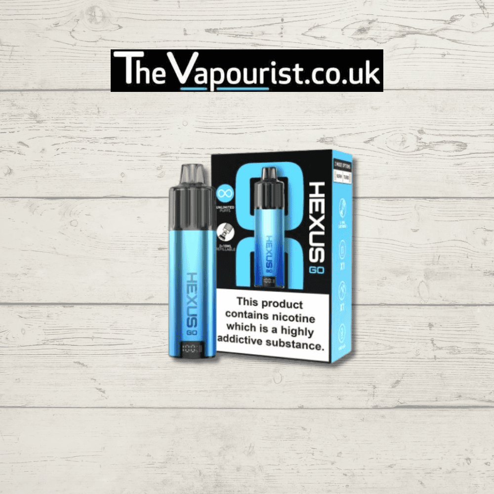 HEXUS GO 2 Pod Kit in blue with refillable 12ml pod system, ideal for MTL vaping and nic salt use. Eco-friendly and beginner-friendly vape device.