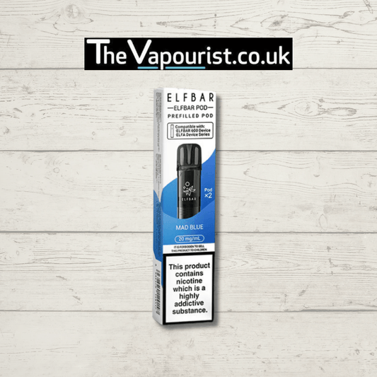 ELFBAR Mad Blue Prefilled Pods with 20mg nicotine strength, offering 600 puffs of mixed berry flavor. Compatible with ELFA vape devices.
