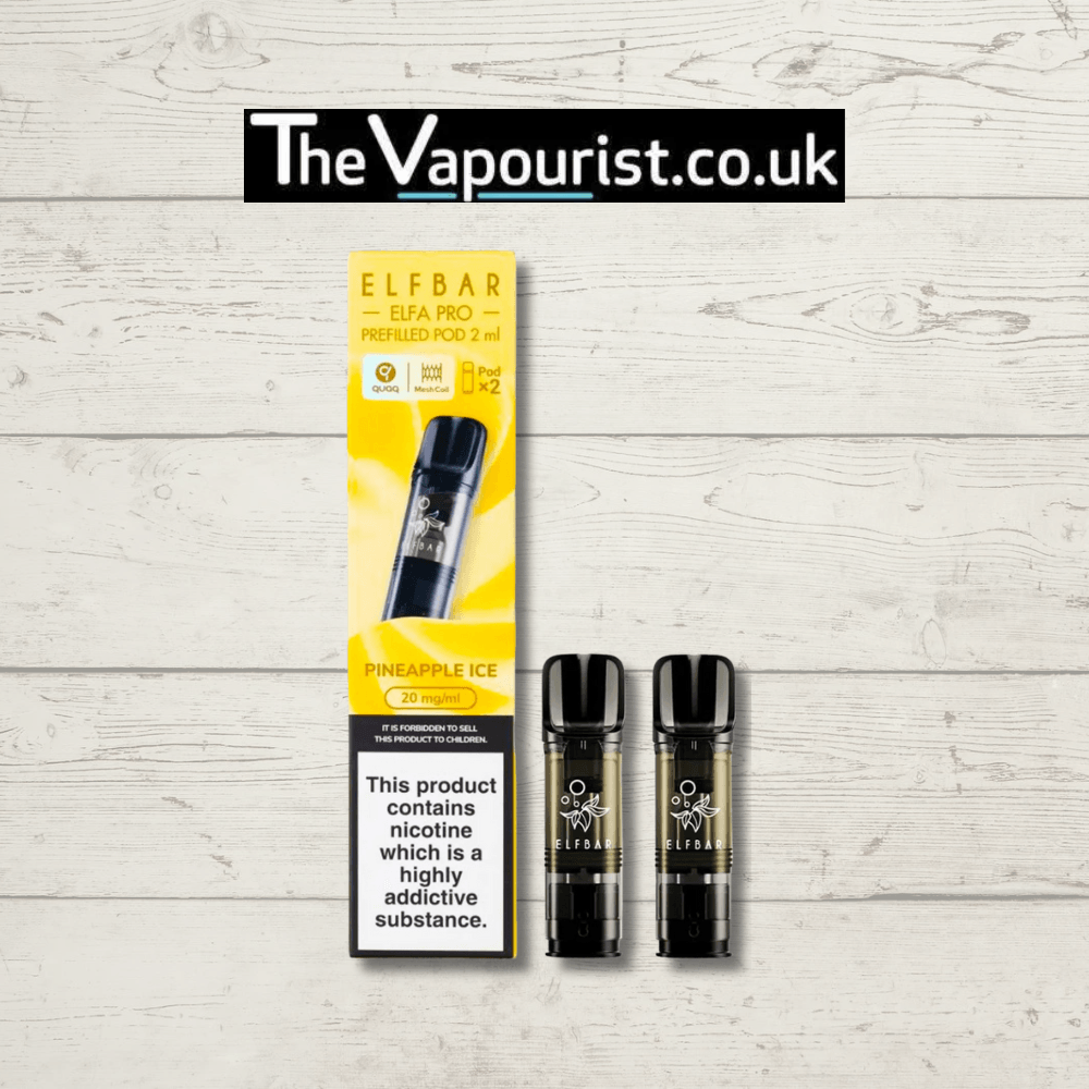 Pineapple Ice Vape Pods - ELFBAR ELFA Pro Pods offer 600 puffs of tropical pineapple flavor with icy menthol. Compatible with ELFA Pro devices.