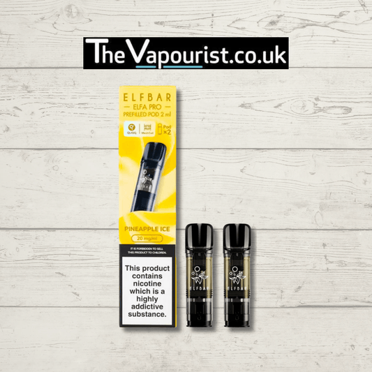 Pineapple Ice Vape Pods - ELFBAR ELFA Pro Pods offer 600 puffs of tropical pineapple flavor with icy menthol. Compatible with ELFA Pro devices.