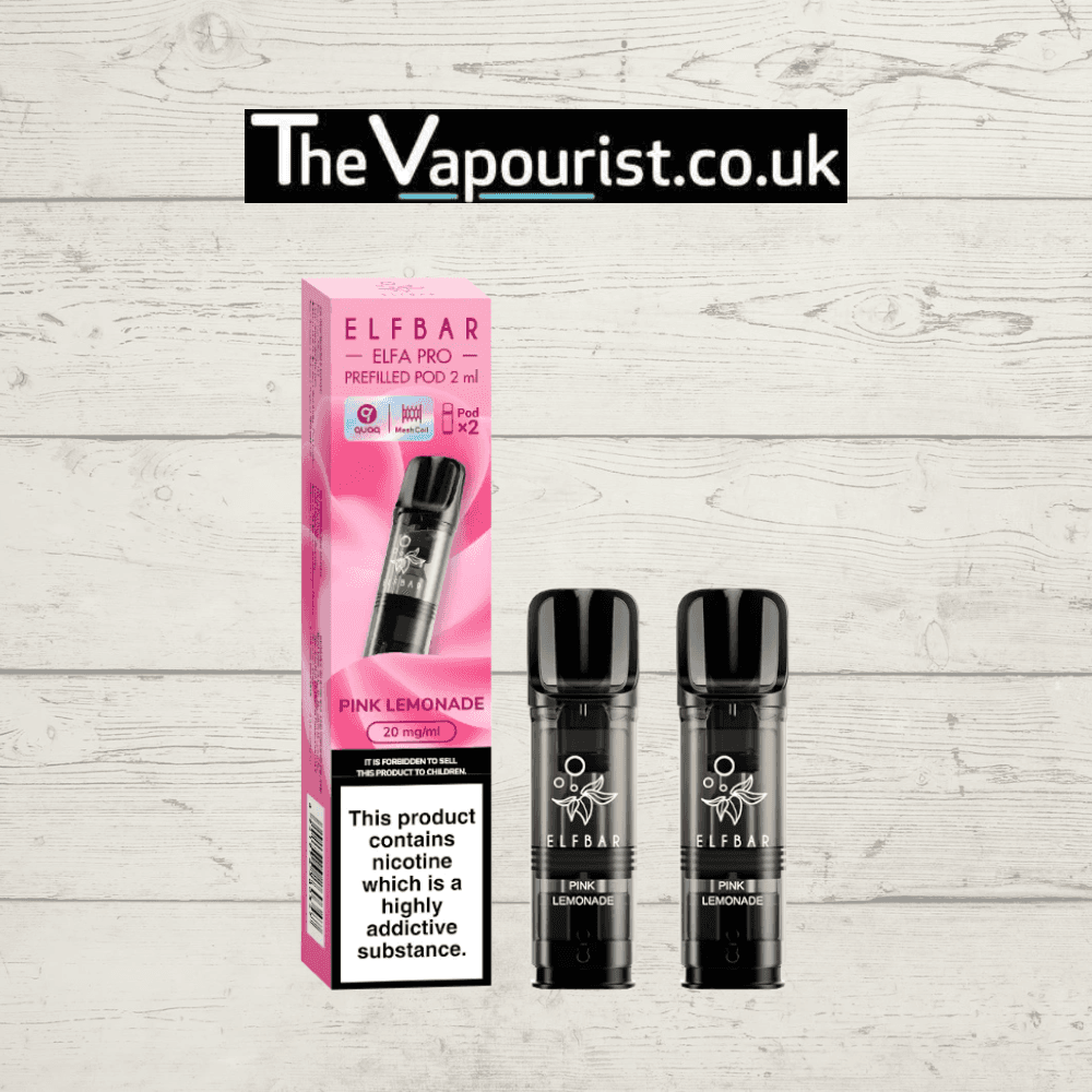 ELFBAR ELFA Pro Pods Pink Lemonade 2-pack with 20mg nicotine strength, compatible with Elfa & Pro devices, displayed on wooden background.