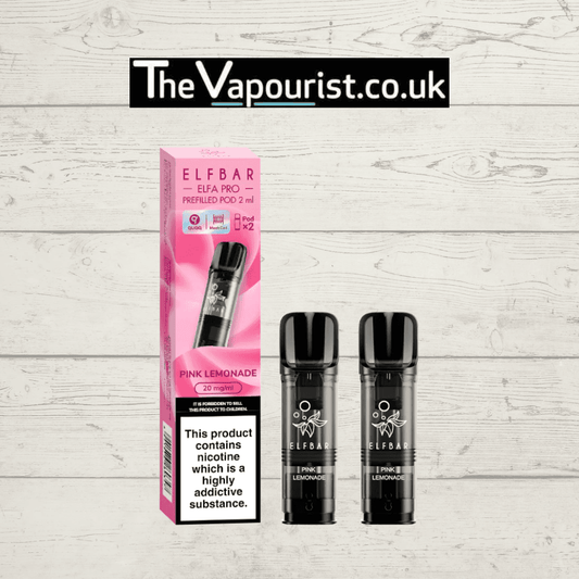 ELFBAR ELFA Pro Pods Pink Lemonade 2-pack with 20mg nicotine strength, compatible with Elfa & Pro devices, displayed on wooden background.