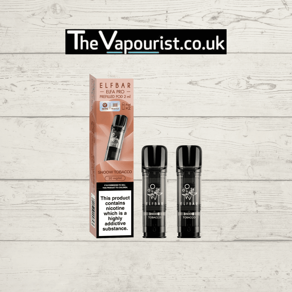 ELFBAR ELFA Pro Pods Snoow Tobacco 2-pack for Elfa & Pro devices, featuring smooth tobacco flavor with menthol, displayed with branded packaging.