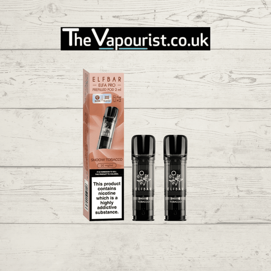 ELFBAR ELFA Pro Pods Snoow Tobacco 2-pack for Elfa & Pro devices, featuring smooth tobacco flavor with menthol, displayed with branded packaging.