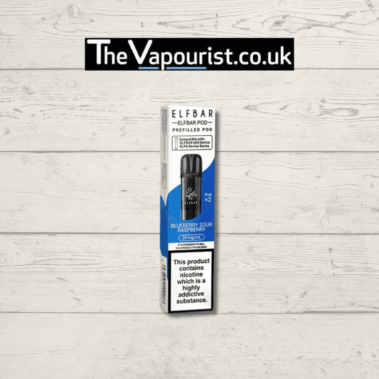 ELFBAR Blueberry Raspberry Pods - 20mg Nic Salt | 600 Puffs, prefilled for ELFA devices. Features sweet blueberry and sour raspberry flavor.