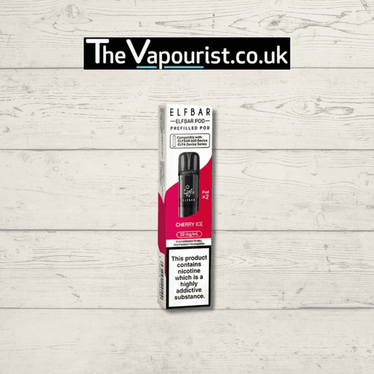 ELFBAR Cherry Ice Pods - Juicy Nic Salt | 600 Puffs, Mesh Coil. Twin pack of prefilled ELFA pods with bold cherry and icy menthol flavor.