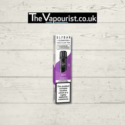 ELFBAR Grape Pods 20mg prefilled with 2ml nic salt for up to 600 puffs, compatible with ELFA & ELFA Pro, displayed in branded packaging.