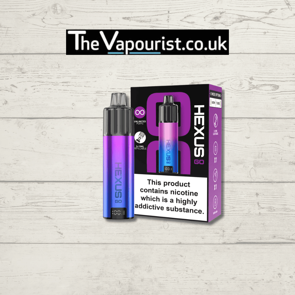 HEXUS GO 2 Pod Kit in purple gradient design featuring 12ml refillable pods for MTL vaping. Perfect for eco-conscious and new vape users.