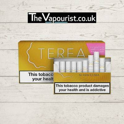 IQOS TEREA Yellow 10 Packs 200 Sticks for Iluma devices displayed with packaging and sticks, offering mild tobacco flavor with toasted notes.