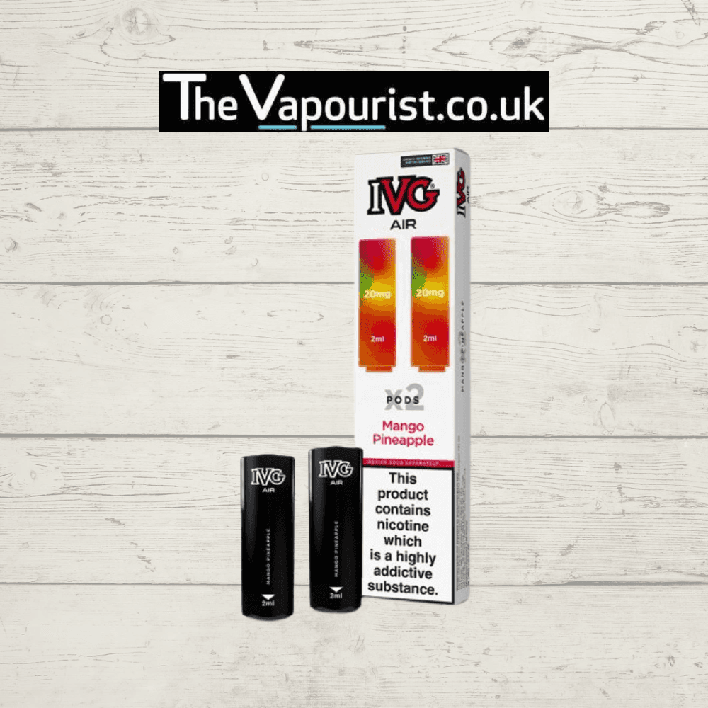 IVG Air Replacements Pods 2 Pack Mango Pineapple 20mg with 2ml capacity, displayed with packaging and pods on wooden background.