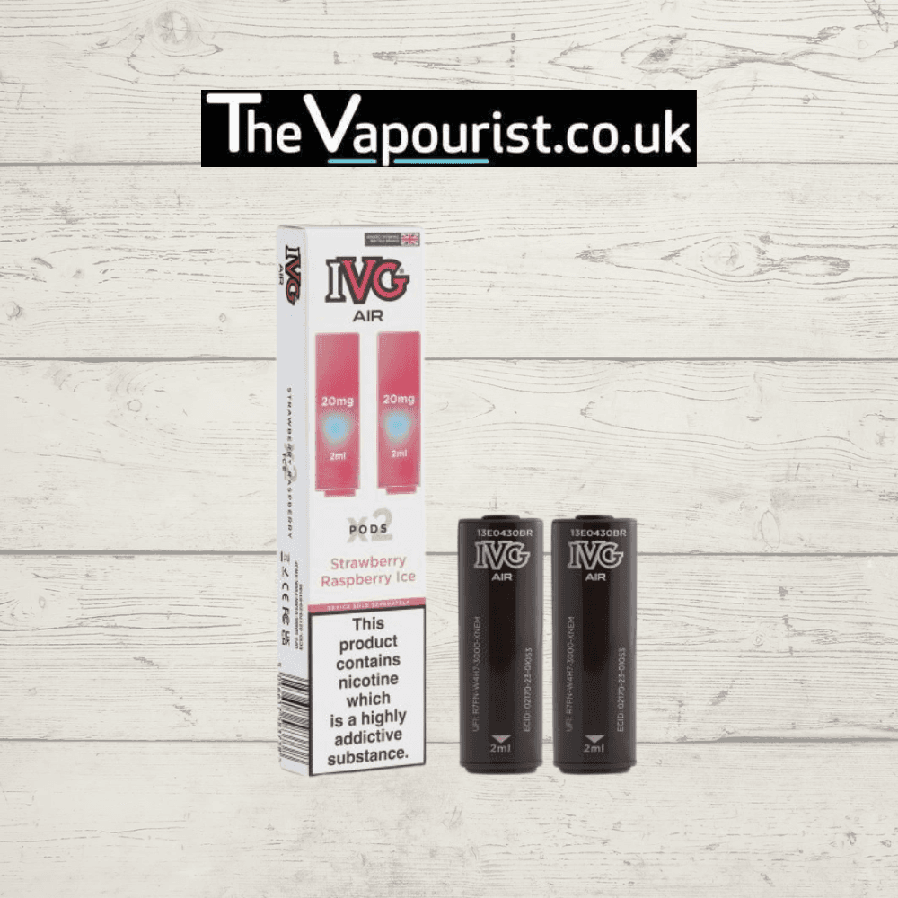 IVG Air Replacements Pods 2 Pack Strawberry Raspberry Ice with 20mg nicotine strength, featuring two 2ml vape pods beside branded packaging.