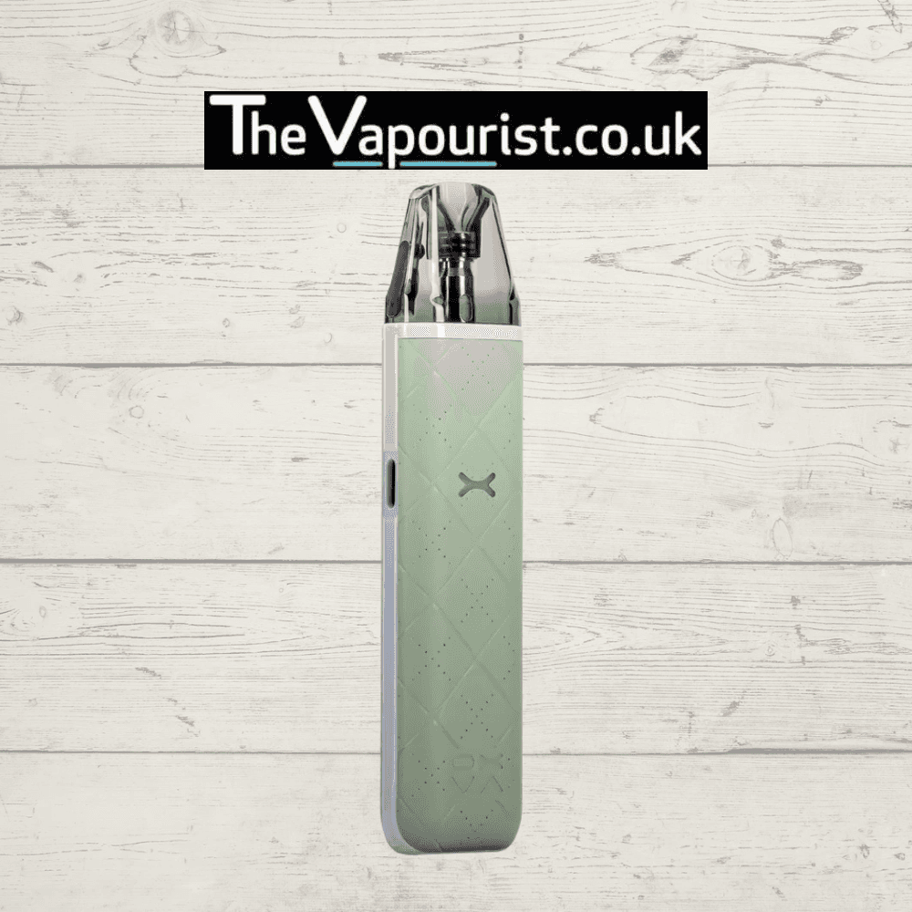 Green and white OXVA Xlim Go Pod Kit angled to show side button and ergonomic shape, featured on The Vapourist UK vape shop.