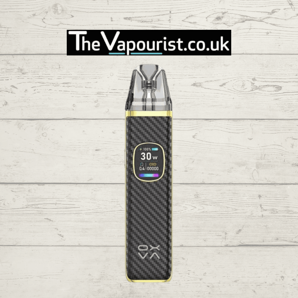 OXVA Xlim Pro Pod Kit in carbon fiber design with yellow trim, 30W display, high-performance MTL pod system compatible with Xlim Pods.