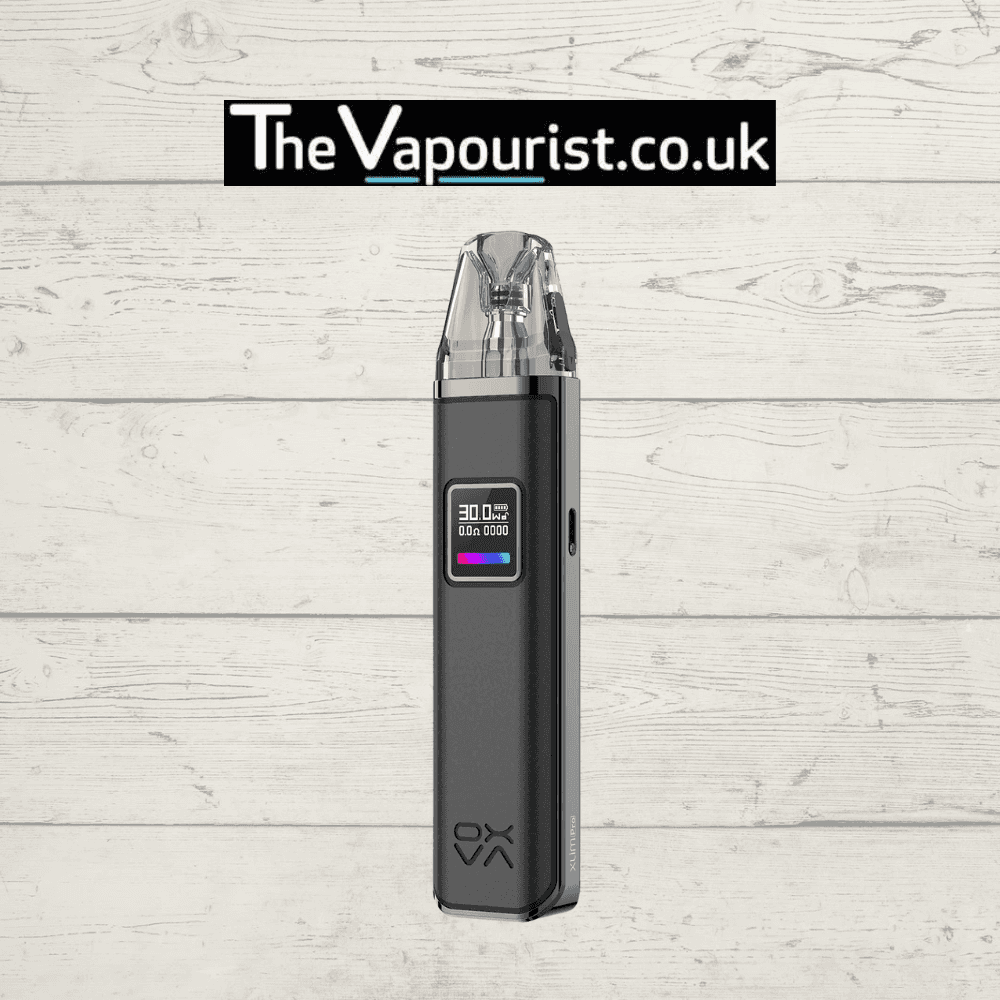 OXVA Xlim Pro Pod Kit in matte black with OLED screen, compact and stylish pod system for MTL vaping, supports Xlim Pods.