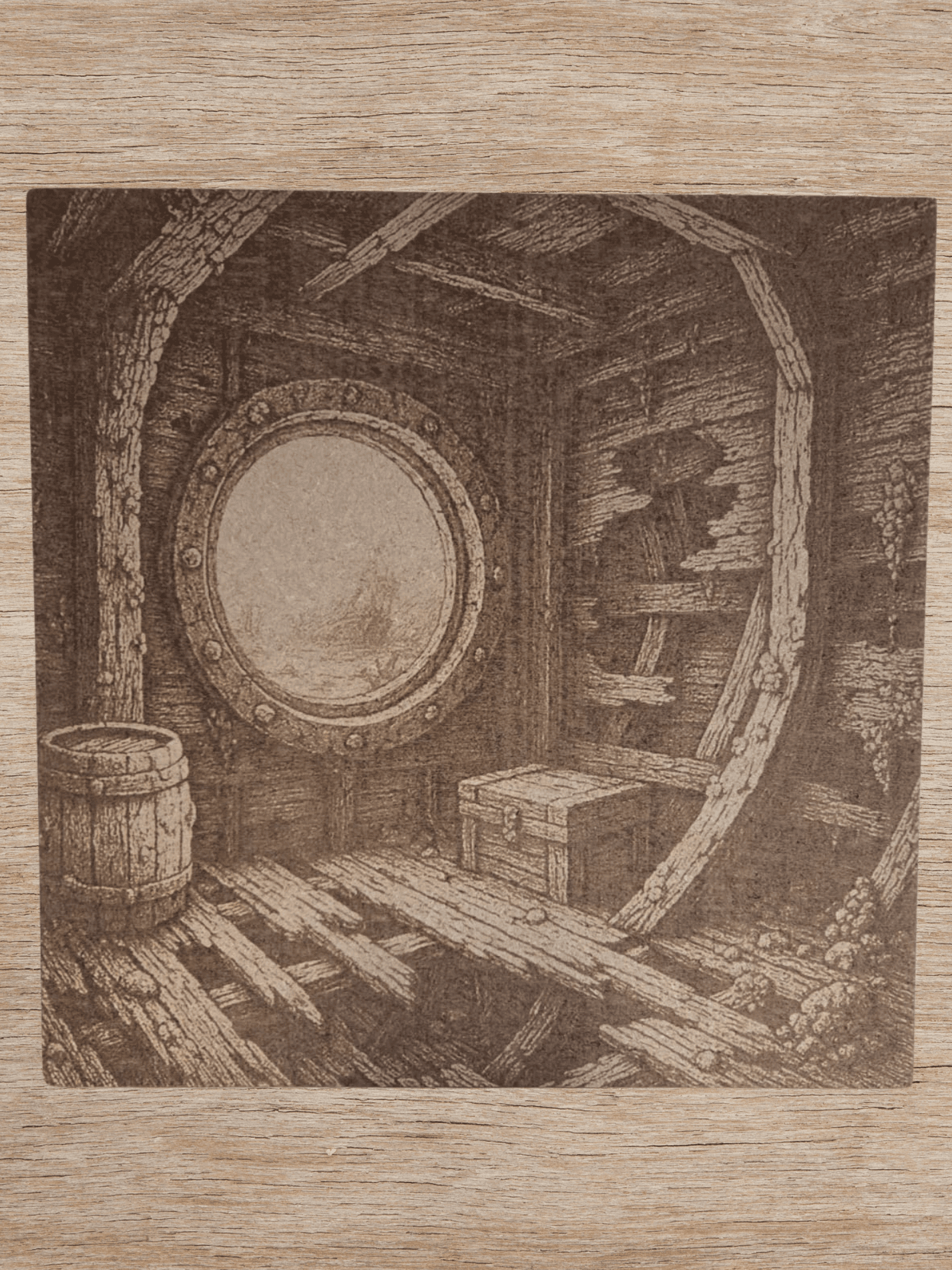 Wooden shipwreck art featuring a laser-engraved interior of a sunken ship with a porthole, barrel, and treasure chest. Nautical wall décor for home.