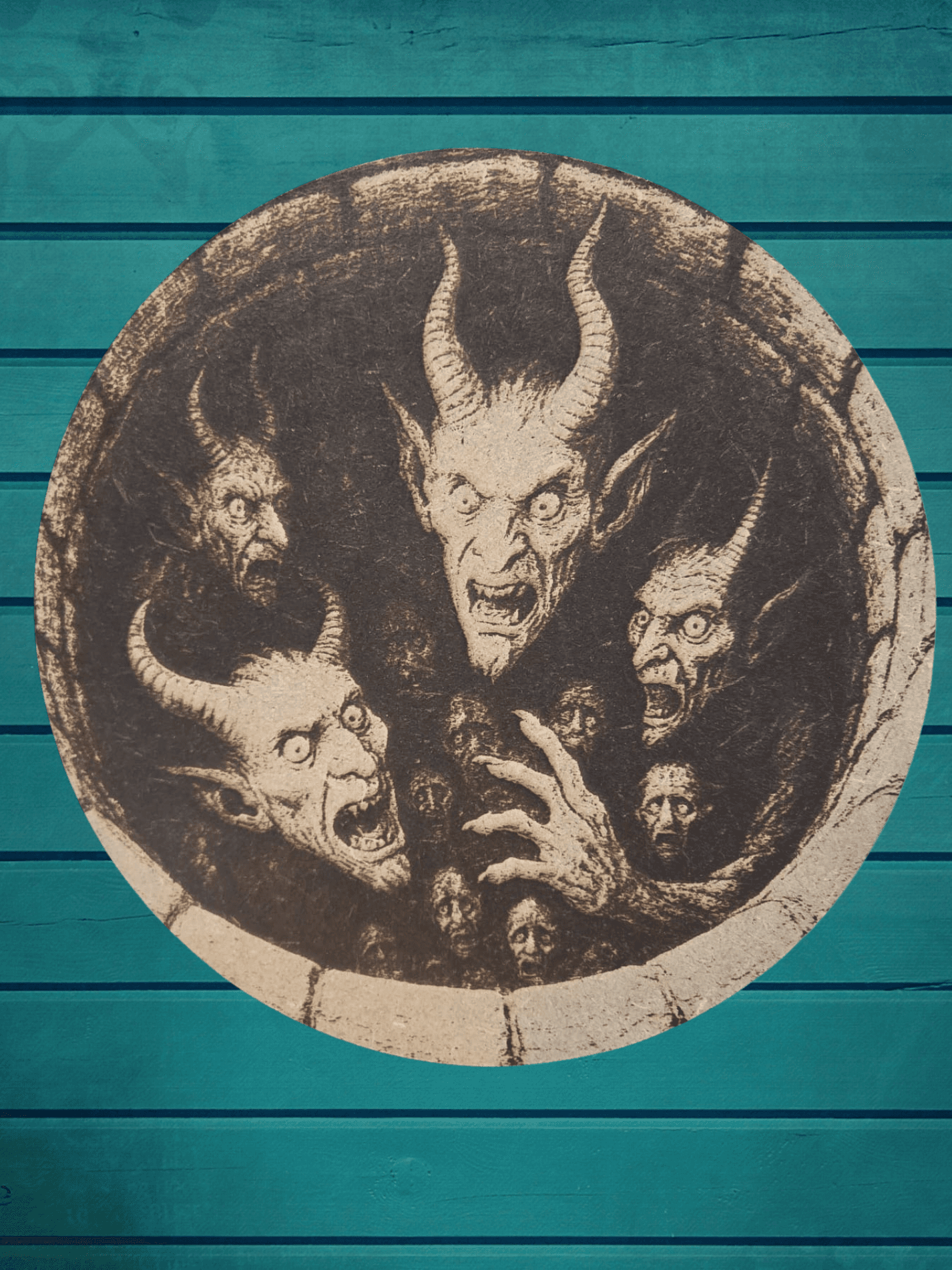 Horror Plaque - Demon Well Wood Art features laser-engraved demonic faces emerging from a well on MDF. Ideal for gothic or horror-themed home decor.