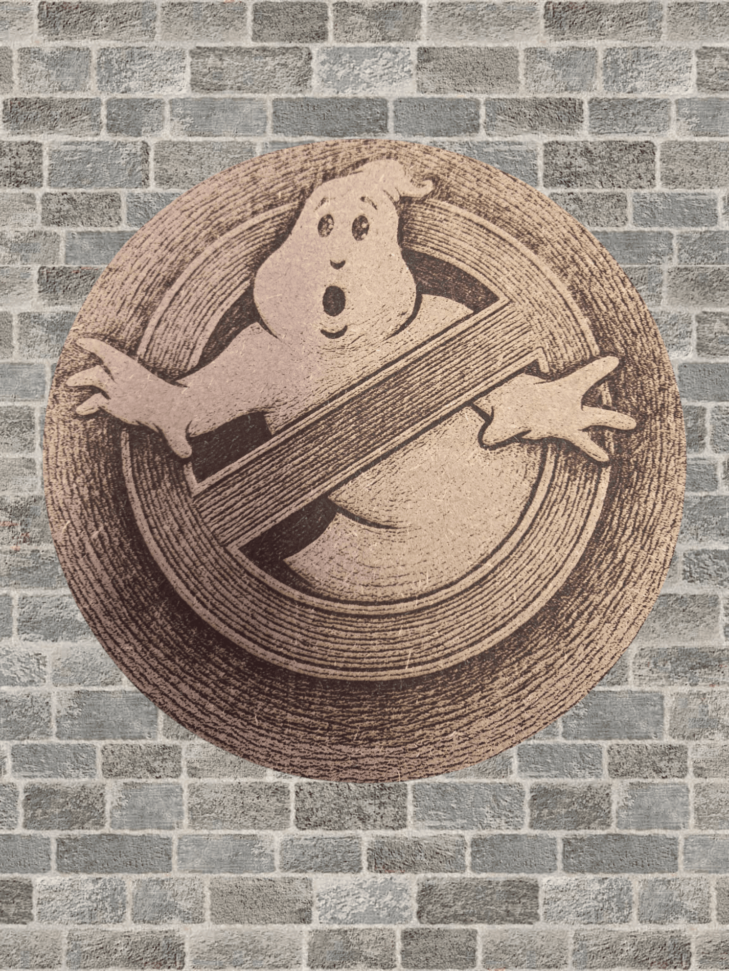 Ghostbusters Logo Plaque - Wooden Art featuring laser-engraved MDF design mounted on a brick wall. Ideal for home decor and movie memorabilia.