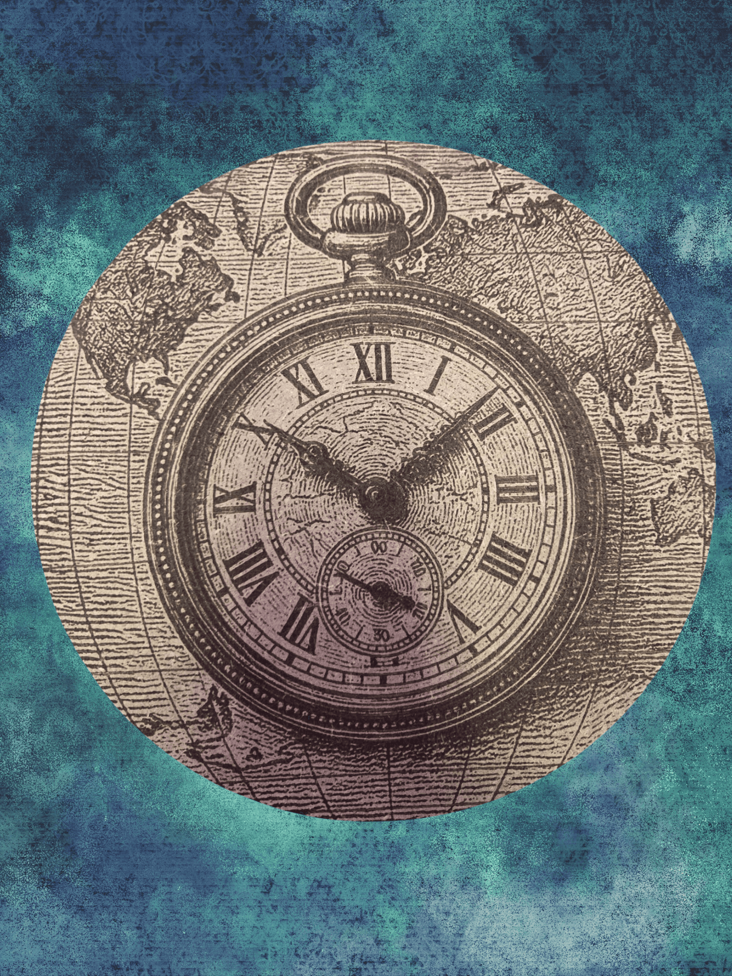 Pocket Watch & World Map - Engraved Art on 300mm MDF wood plaque, featuring intricate laser etching ideal for vintage home decor lovers.