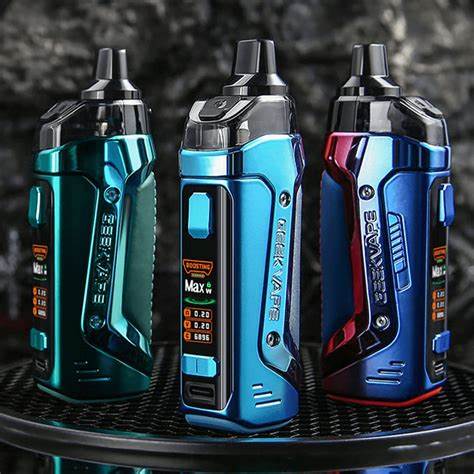 Colorful GEEKVAPE Boost vape devices with digital displays on display stand