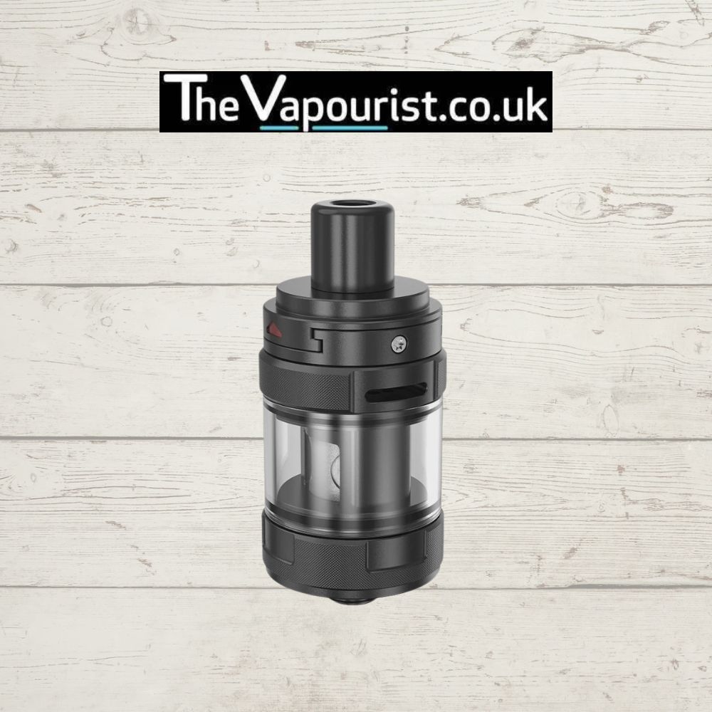 Sleek black RDTL vape tank with glass chamber from The Vapourist.