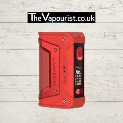 Powerful red GEEKVAPE mod device with digital display screen.