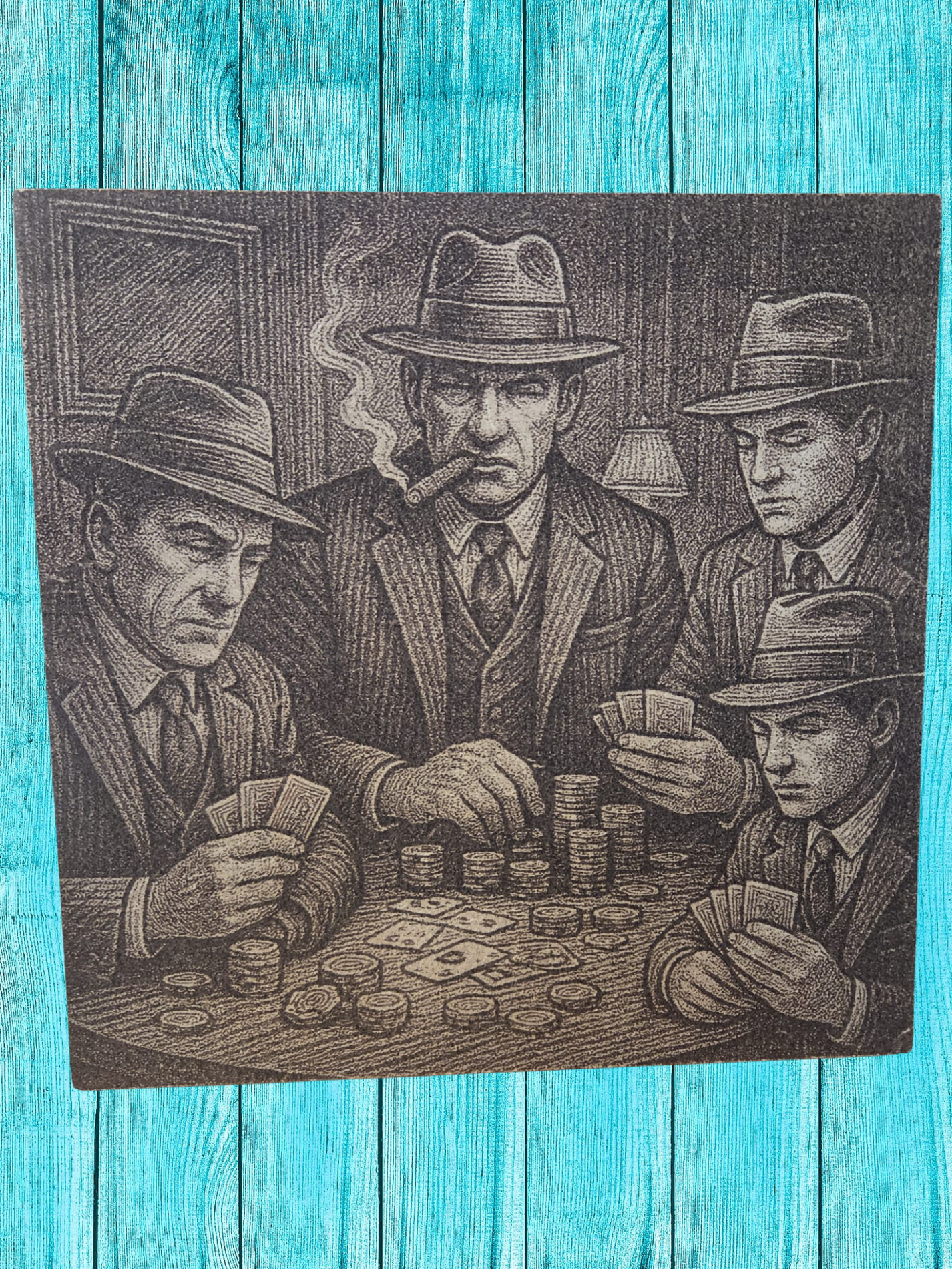 This image depicts a vintage-style illustration of four men in suits and fedoras playing poker around a table. The central figure, smoking a cigar, appears dominant and intense, while the others focus on their cards. 