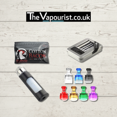 Rebuildable vape accessories including cotton, tools, and drip tips.