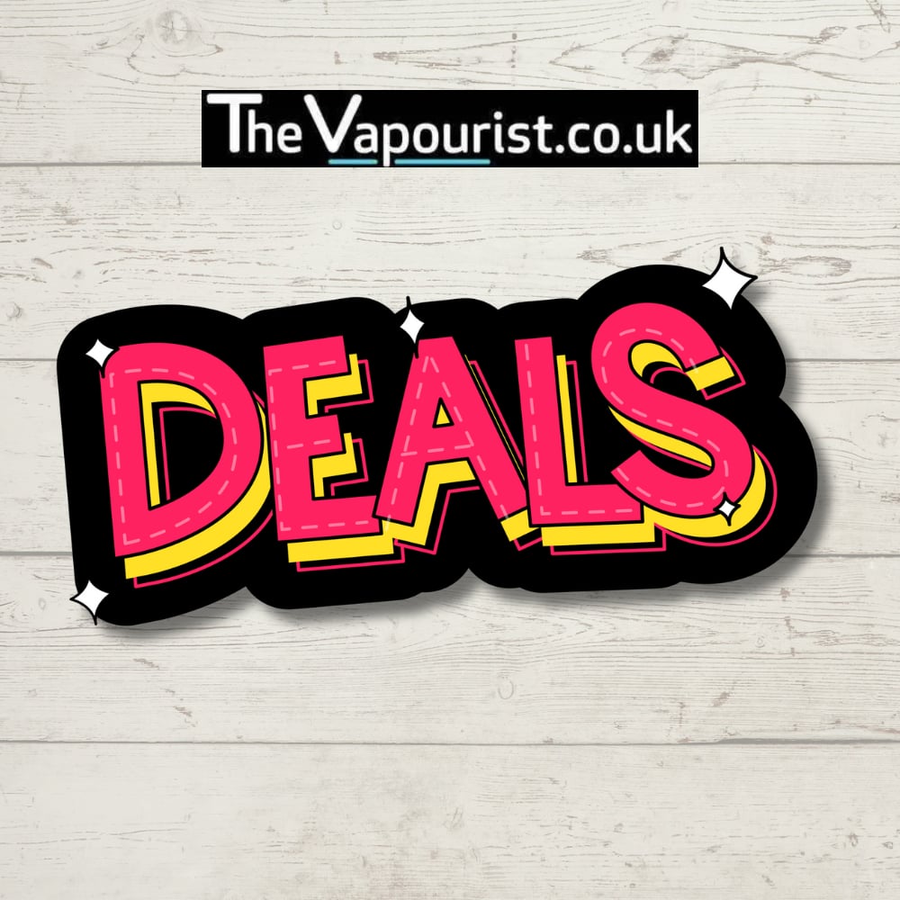 Bold and colorfulDeals" sign from TheVapourist.co.uk on wood background.
