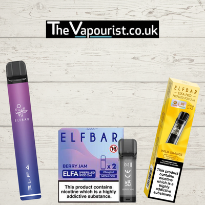 ELFBAR ELFA Pro Pods & Kits with nicotine warning labels displayed.