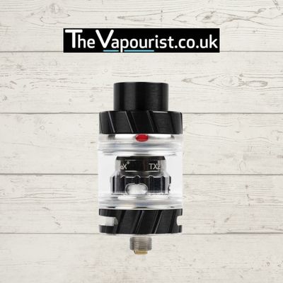 Sleek Freemax vape tank with black accents and clear glass design.